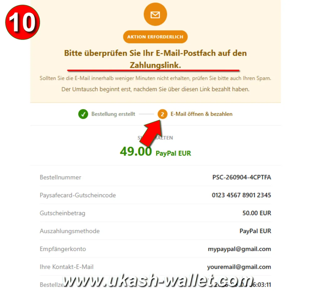E-Mail prüfen und auf den Paysafecard-Zahlungslink klicken