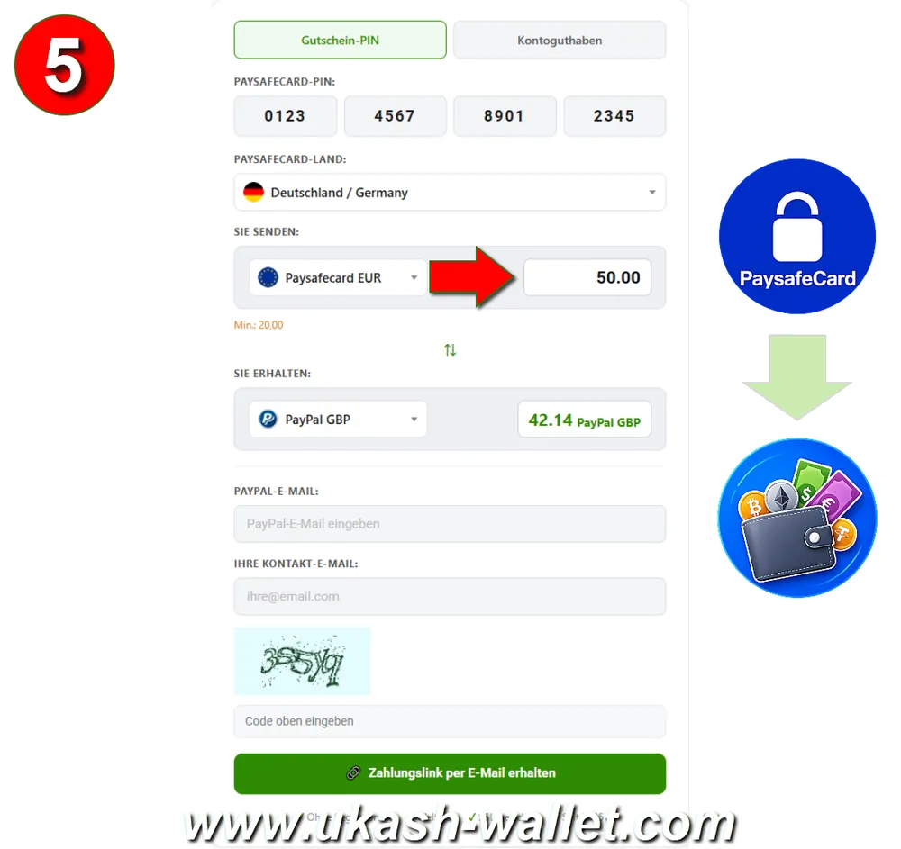 Paysafecard-Betrag zum Tauschen eingeben
