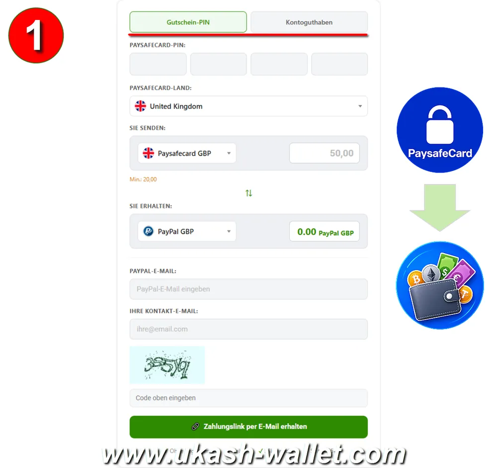 Paysafecard-Gutschein oder myPaysafe-Guthaben zum Tausch auswählen