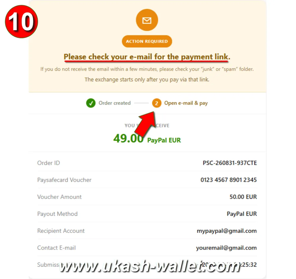 Check your email and click the Paysafecard payment link