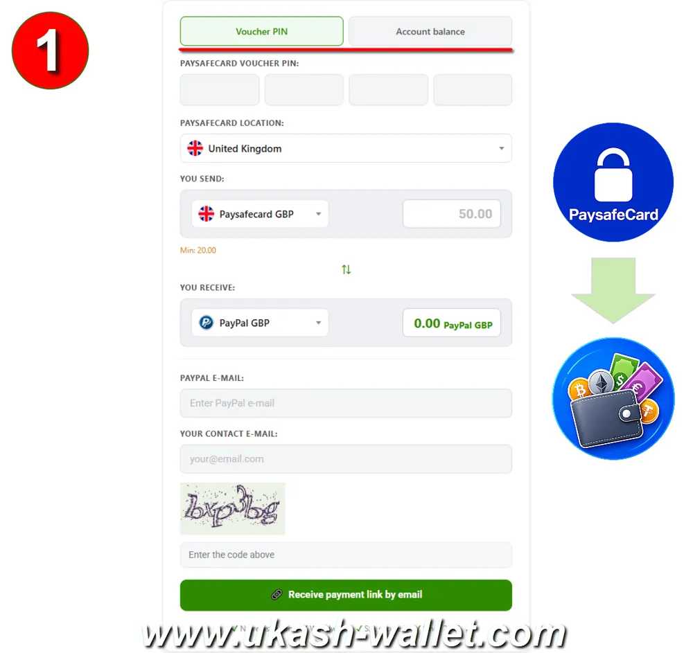 Choose to exchange a Paysafecard voucher or myPaysafe balance
