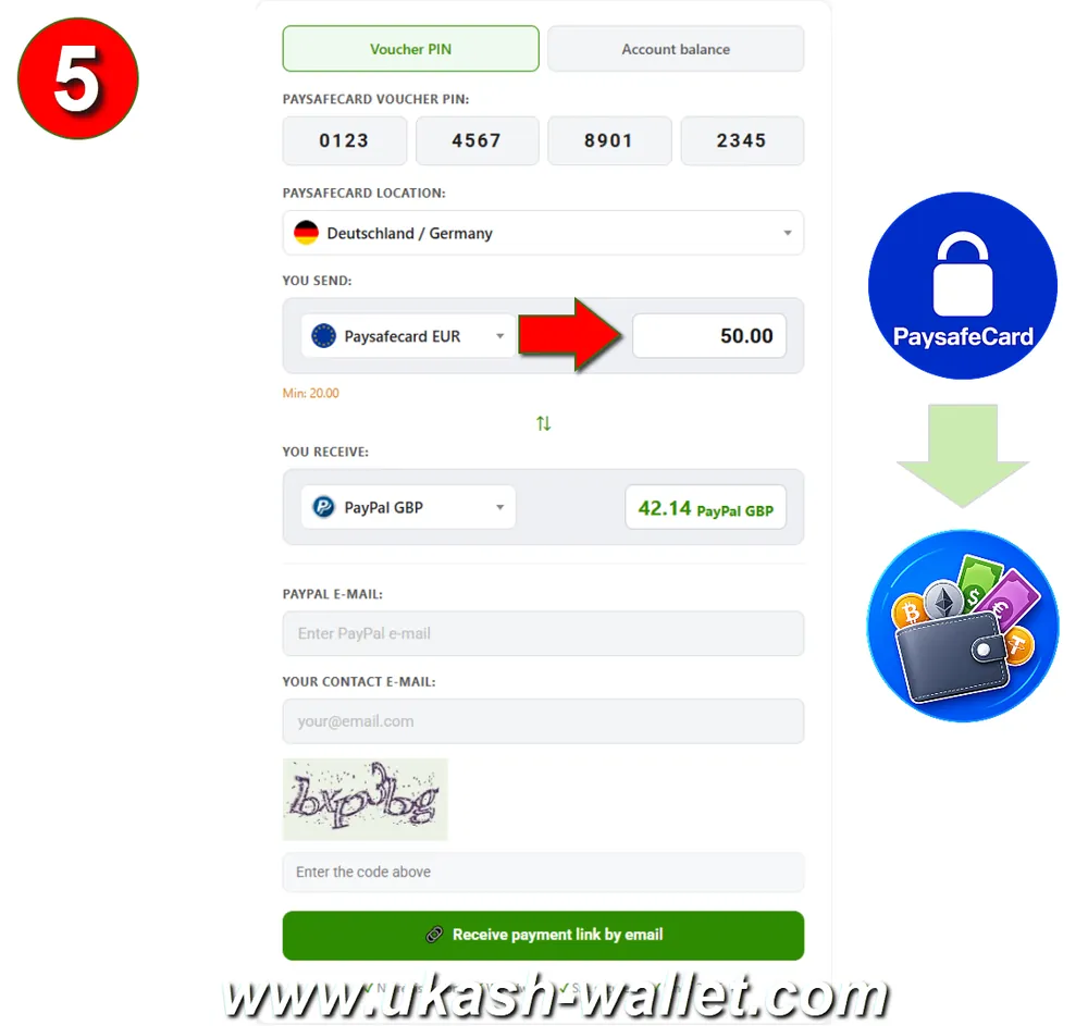 Enter the Paysafecard amount to exchange