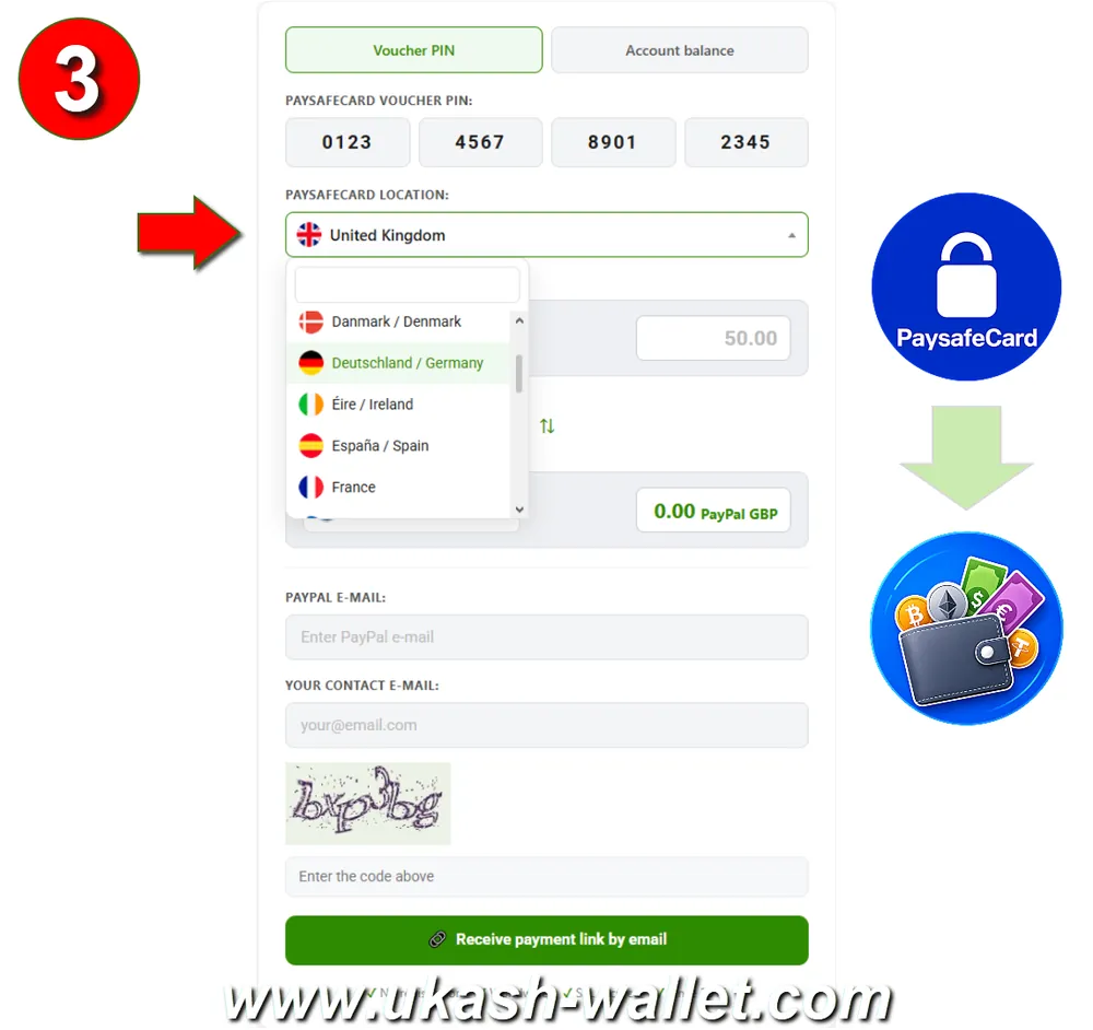 Select the country of your Paysafecard voucher or myPaysafe account