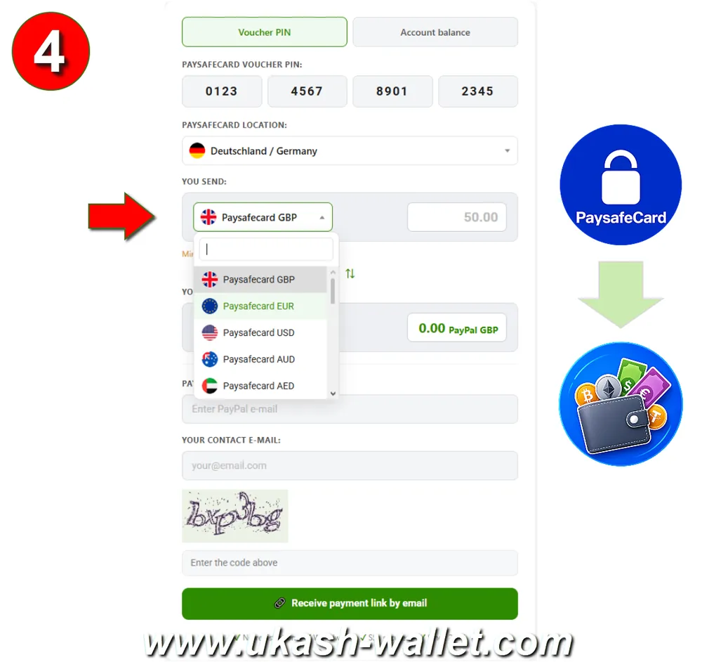 Select Paysafecard voucher or myPaysafe balance currency
