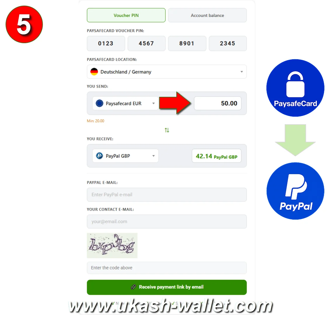 Enter the Paysafecard amount to exchange to PayPal